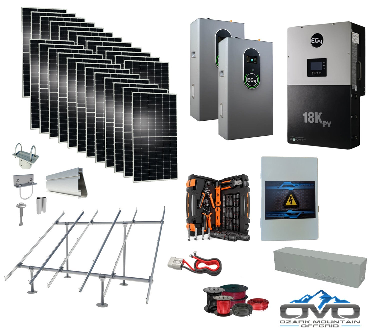 12KW Complete Offgrid Solar Kit + EG4 18kPV + 2x 14.3KW 48V EG4 Lithium Indoor Wall Battery + 13.2KW Solar with Ground Mount and Wiring