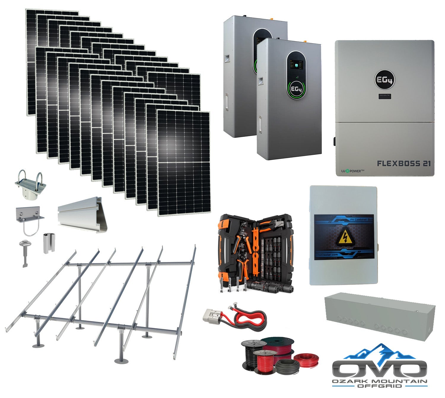 12KW Complete Offgrid Solar Kit + EG4 FlexBOSS21 + 2x 14.3KW 48V EG4 Lithium Indoor Wall Battery + 13.2KW Solar with Ground Mount and Wiring