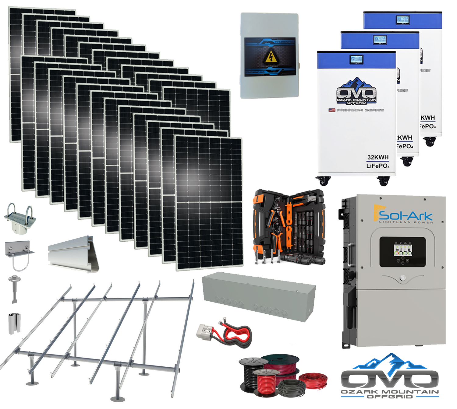 12KW Complete Offgrid Solar Kit - 3x 32kWh OMO 48V Freedom Series Lithium Battery + 15K Sol-Ark Inverter +13.2KW Solar with Ground Mount and Wiring