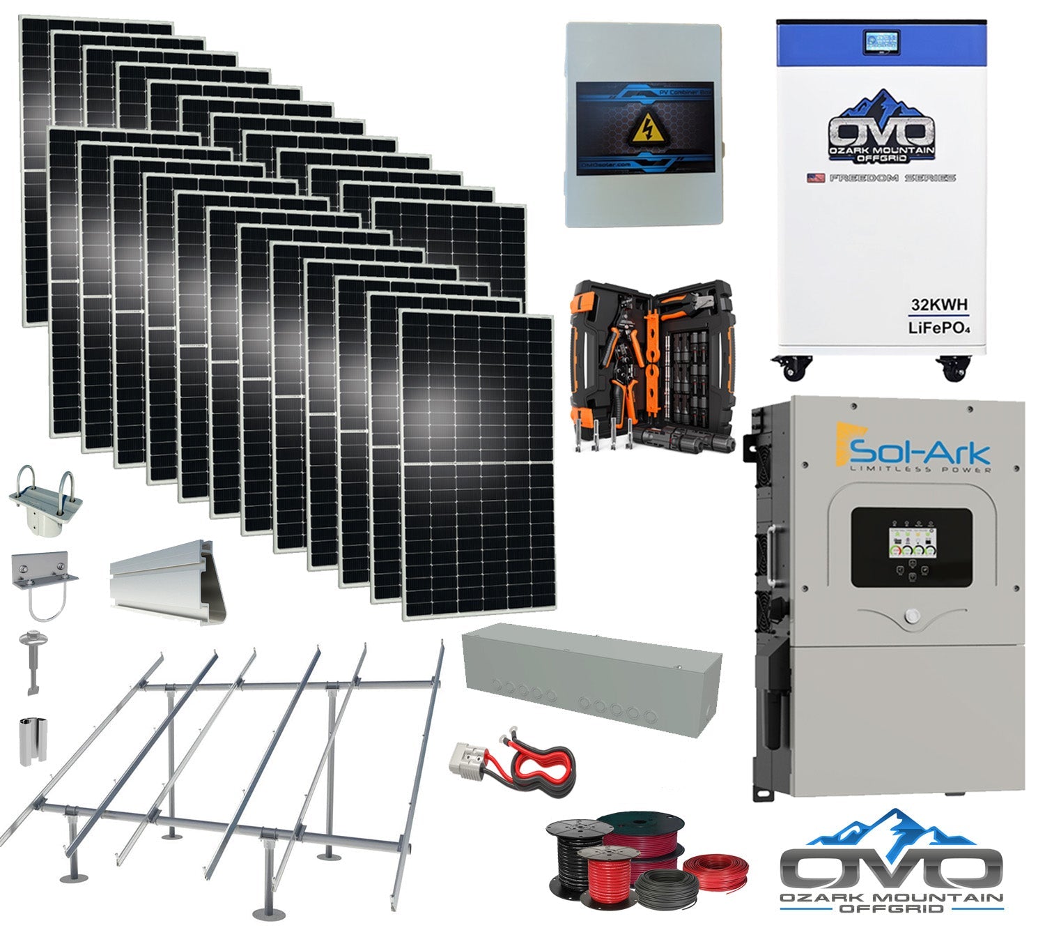 12KW Complete Offgrid Solar Kit - 32kWh OMO 48V Freedom Series Lithium Battery + 15K Sol-Ark Inverter +13.2KW Solar with Ground Mount Rails and Wiring