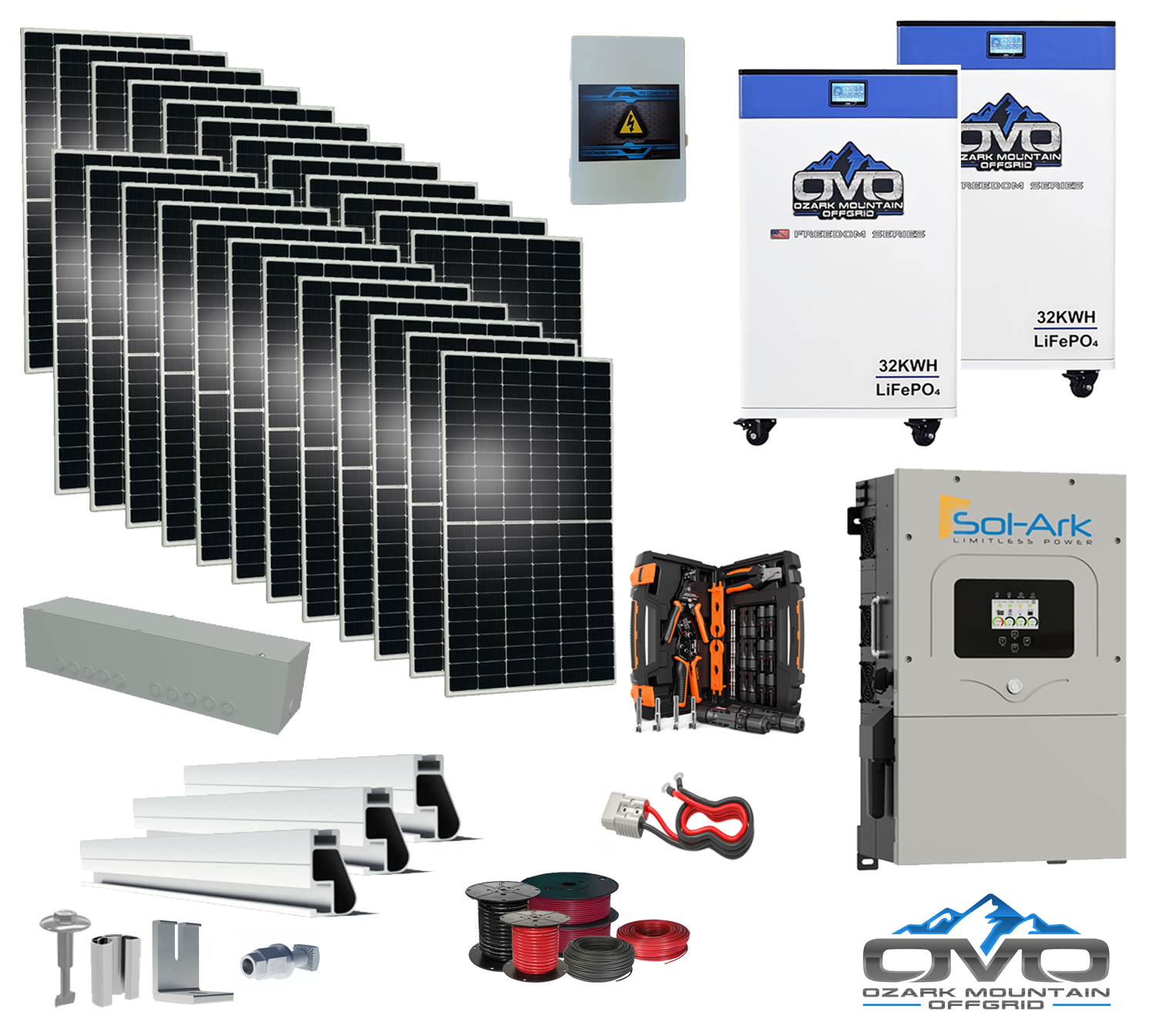 12KW Complete Offgrid Solar Kit - 2x 32kWh OMO 48V Freedom Series Lithium Battery + 15K Sol-Ark Inverter +13.2KW Solar with Roof Mount and Wiring