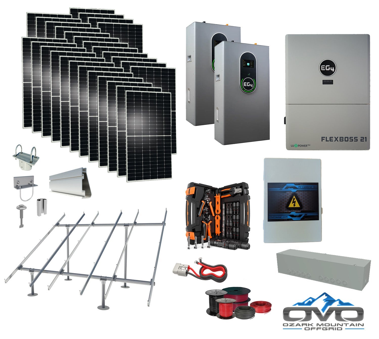 15KW Complete Offgrid Solar Kit + EG4 FlexBOSS21 + 2x 14.3KW 48V EG4 Lithium Indoor Wall Battery + 15.4KW Solar with Ground Mount and Wiring