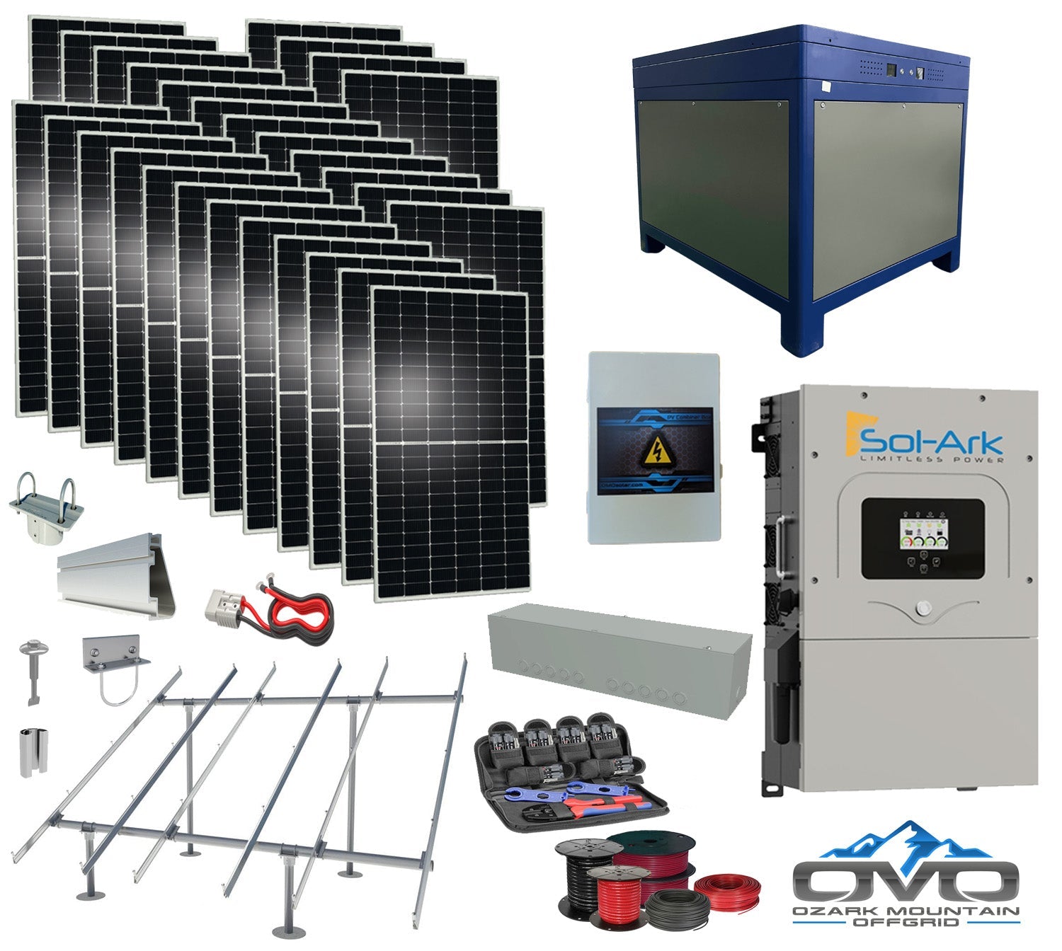 15KW Complete Offgrid Solar Kit - 62kWh Lithium Battery + 15K Sol-Ark Inverter +15.4KW Solar with Ground Mount Rails and Wiring