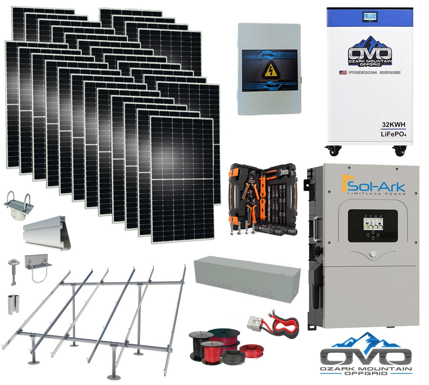 15KW Complete Offgrid Solar Kit - 32kWh OMO 48V Freedom Series Lithium Battery + 15K Sol-Ark Inverter +15.4KW Solar with Ground Mount Rails and Wiring