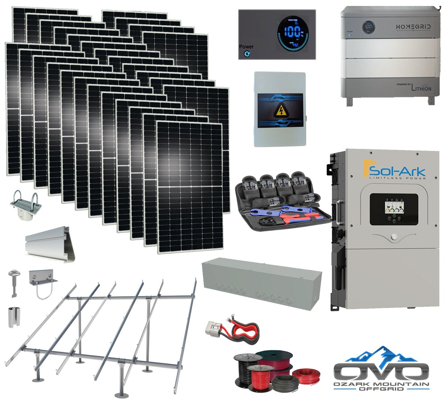 15KW Complete Offgrid Solar Kit - Homegrid 9.6kWh Lithium Battery + 15K Sol-Ark Inverter +15.4KW Solar with Ground Mount Rails and Wiring