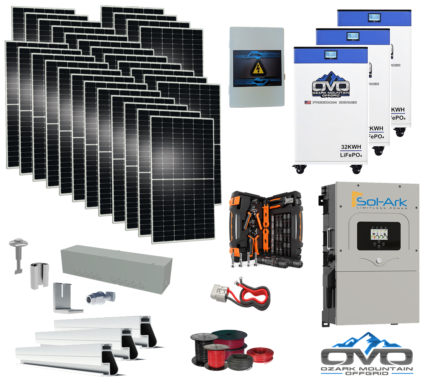 15KW Complete Offgrid Solar Kit - 3x 32kWh OMO 48V Freedom Series Lithium Battery + 15K Sol-Ark Inverter +15.4KW Solar with Roof Mount and Wiring