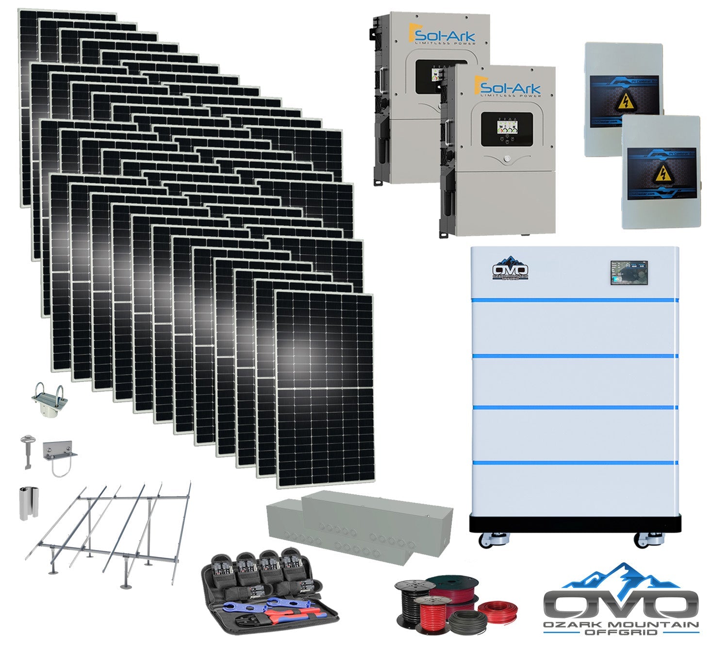 25KW Complete Offgrid Solar Kit - 15K Sol-Ark Inverter + 20.48KW OMO Stack Lithium Battery +26.4KW Solar with Ground Mount and Wiring