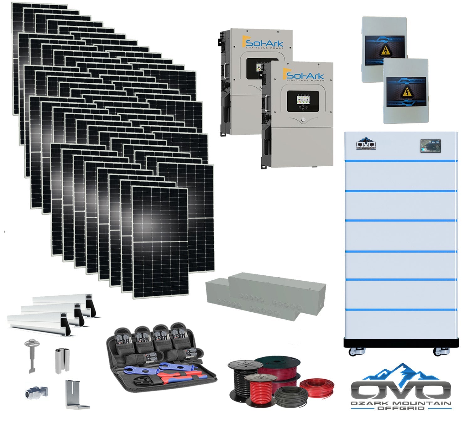 30KW Complete Offgrid Solar Kit - 15K Sol-Ark Inverter + 30.72KW OMO Stack Lithium Battery +30.8KW Solar with Mounting Rails and Wiring