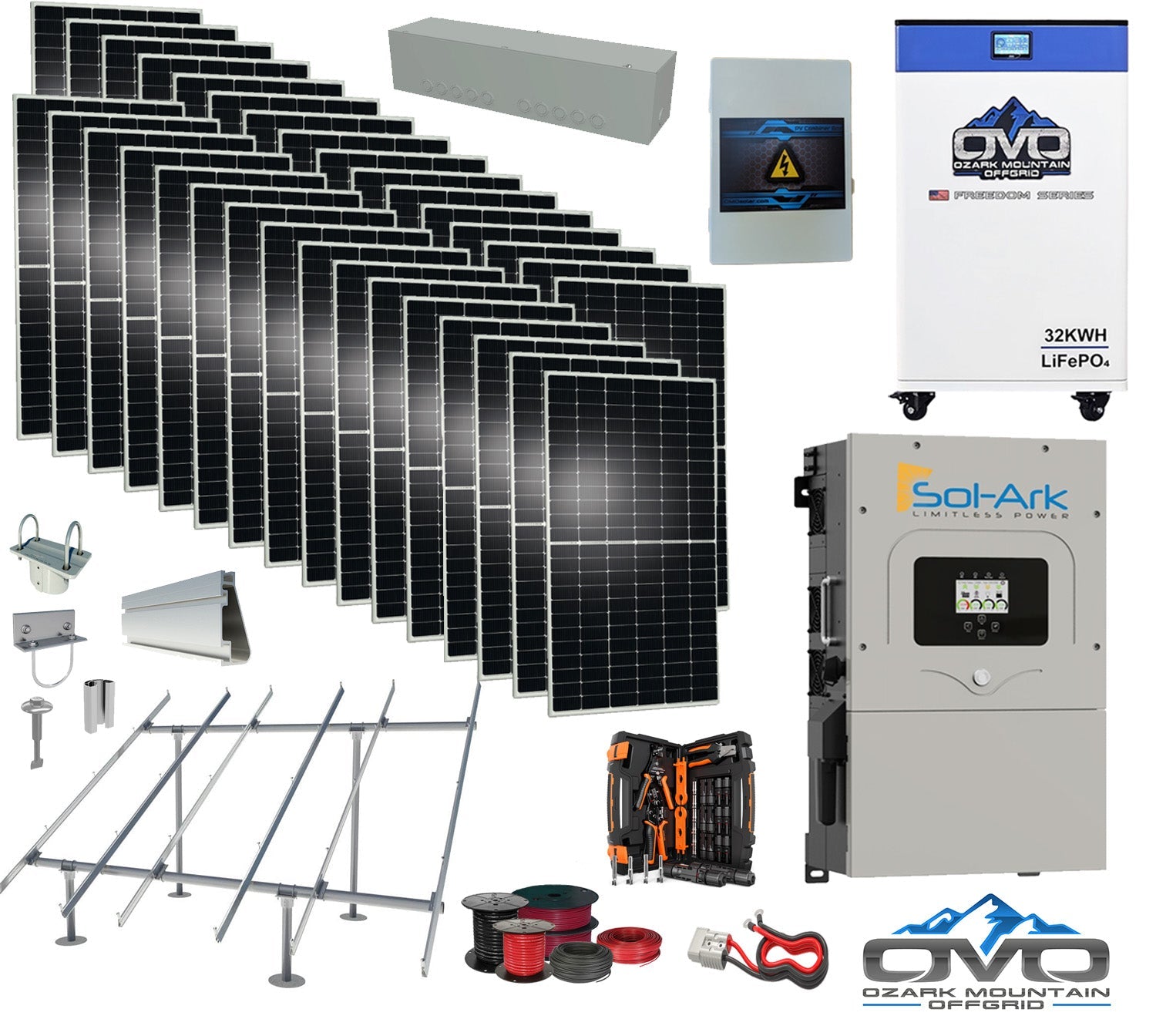 17KW Complete Offgrid Solar Kit - 32kWh OMO 48V Freedom Series Lithium Battery + 15K Sol-Ark Inverter +17.6KW Solar with Ground Mount and Wiring