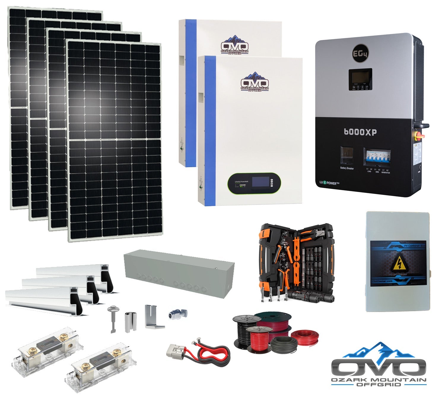 2.2KW Complete Offgrid Solar Kit + 6K EG4 6000XP Inverter + 2x 5.12KW OMO 48V Patriot Lithium Battery + 2.2KW Solar with Roof Mounting Rails and Wiring