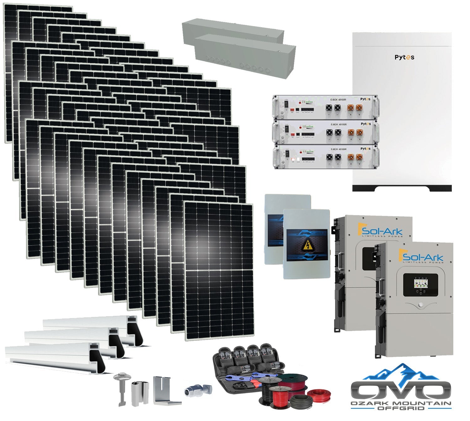 25KW Complete Offgrid Solar Kit - 15.36kWh Pytes Lithium Battery + 2x15K Sol-Ark Inverter +26.4KW Solar with Mounting Rails and Wiring