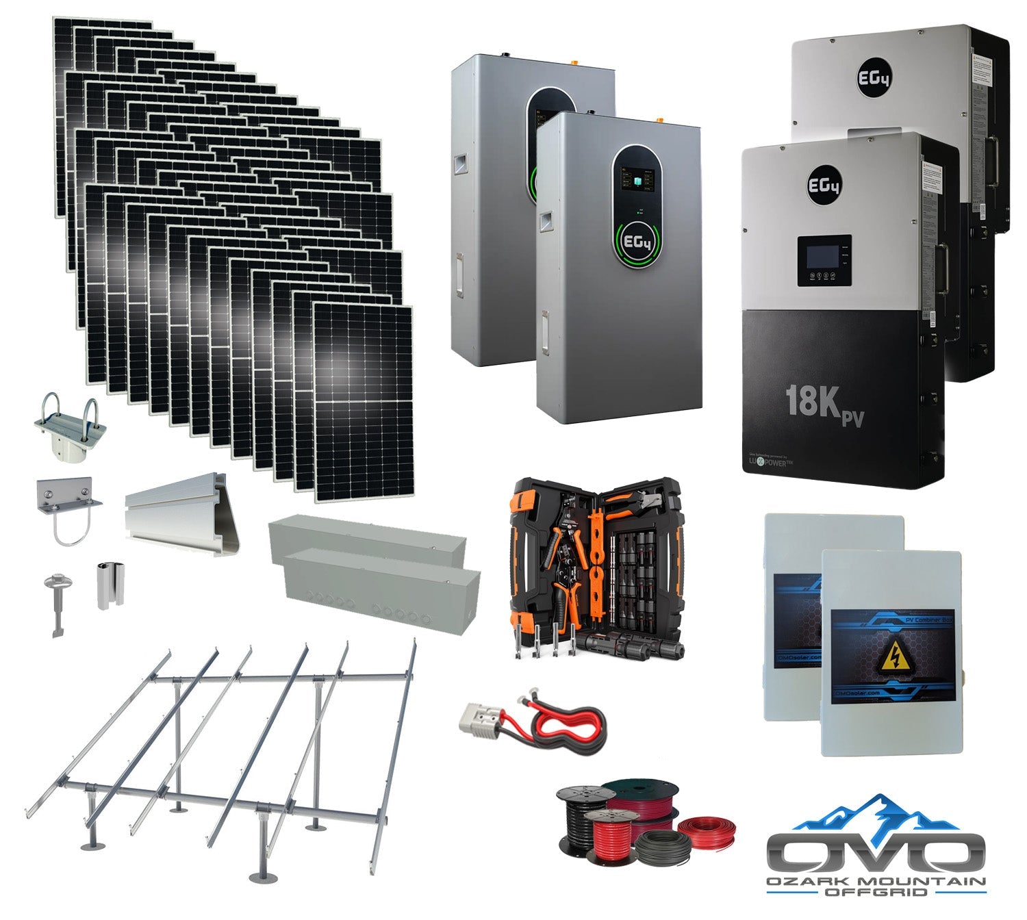 25KW Complete Offgrid Solar Kit + EG4 18kPV + 2x 14.3KW 48V EG4 Lithium Indoor Wall Battery + 26.4KW Solar with Ground Mount and Wiring