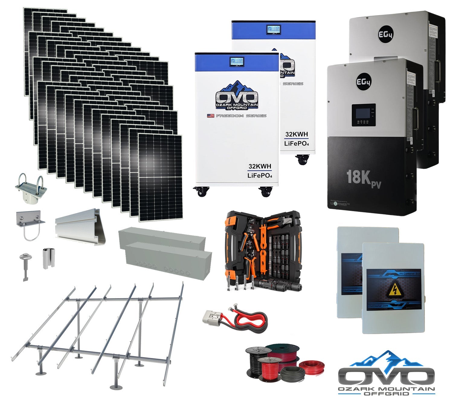 25KW Complete Offgrid Solar Kit + EG4 18kPV + 2x 32KW OMO 48V Freedom Series Lithium Battery + 26.4KW Solar with Ground Mount and Wiring