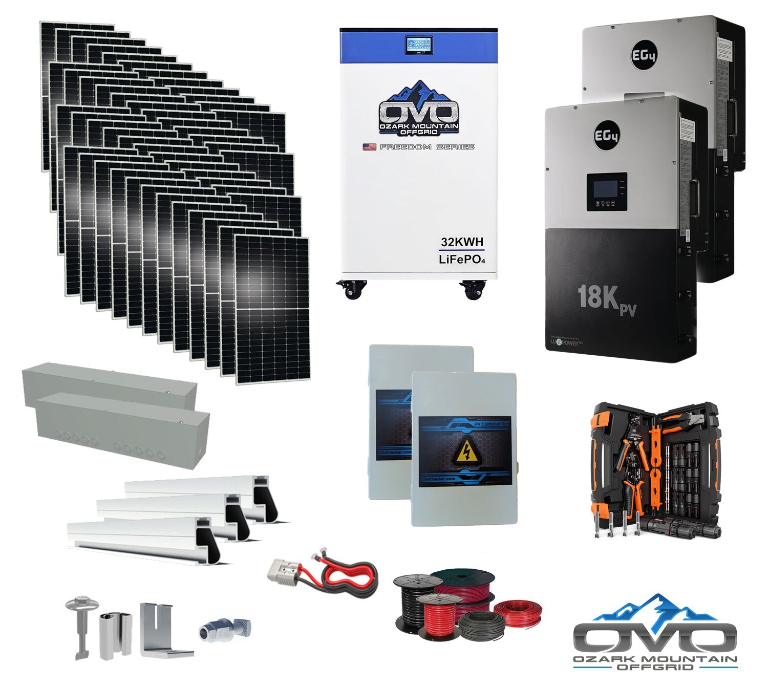 25KW Complete Offgrid Solar Kit + EG4 18kPV + 32KW OMO 48V Freedom Series Lithium Battery + 26.4KW Solar with Roof Mounting Rails and Wiring