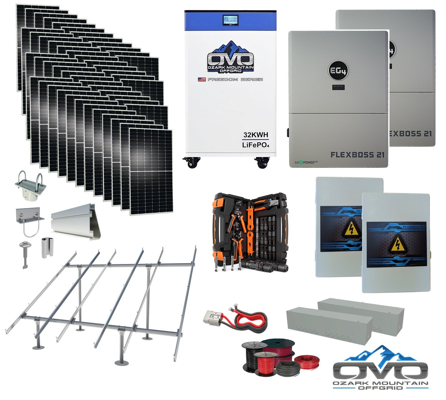 25KW Complete Offgrid Solar Kit + EG4 FlexBOSS21 + 32KW OMO 48V Freedom Series Lithium Battery + 26.4KW Solar with Ground Mount and Wiring