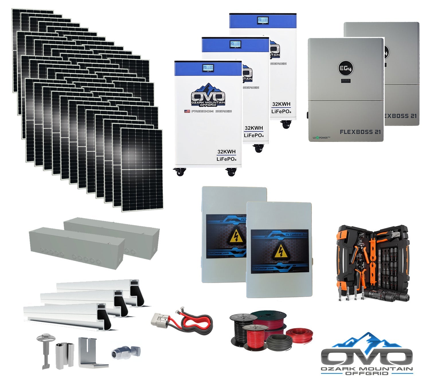 25KW Complete Offgrid Solar Kit + EG4 FlexBOSS21 + 3x 32KW OMO 48V Freedom Series Lithium Battery + 26.4KW Solar with Roof Mounting Rails and Wiring