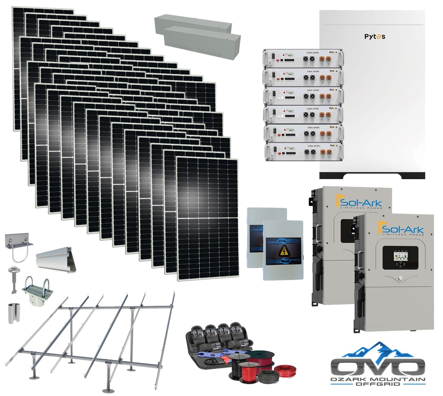 25KW Complete Offgrid Solar Kit - 30.72kWh Pytes Lithium Battery+ 2x15K Sol-Ark Inverter +26.4KW Solar with Ground Mount and Wiring