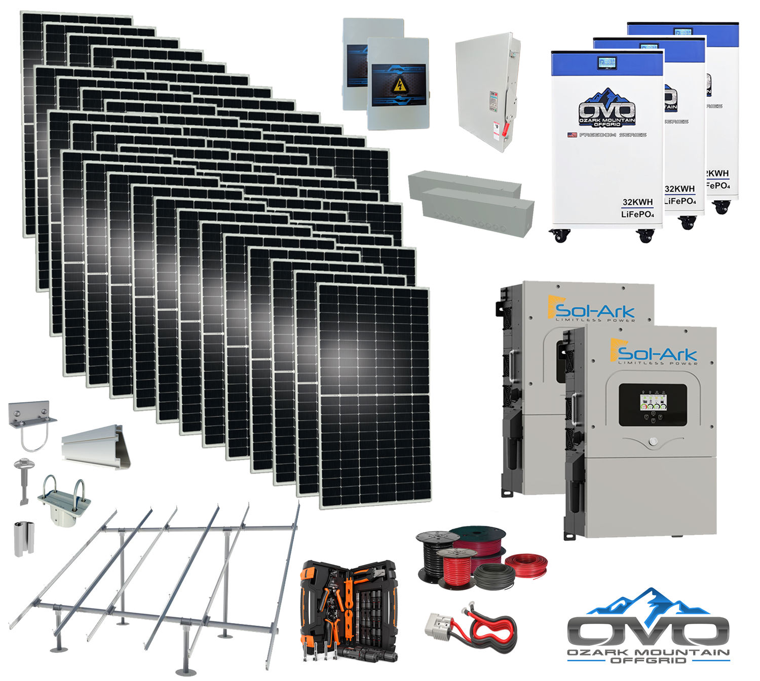 25KW Complete Offgrid Solar Kit - 3x 32kWh OMO 48V Freedom Series Lithium Battery + 2x 15K Sol-Ark Inverter +26.4KW Solar with Ground Mount and Wiring