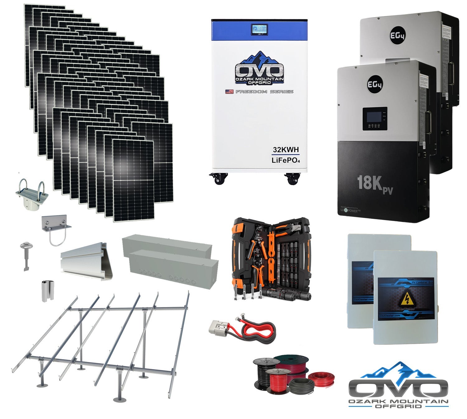 30KW Complete Offgrid Solar Kit + EG4 18kPV + 32KW OMO 48V Freedom Series Lithium Battery + 30.8KW Solar with Ground Mount and Wiring