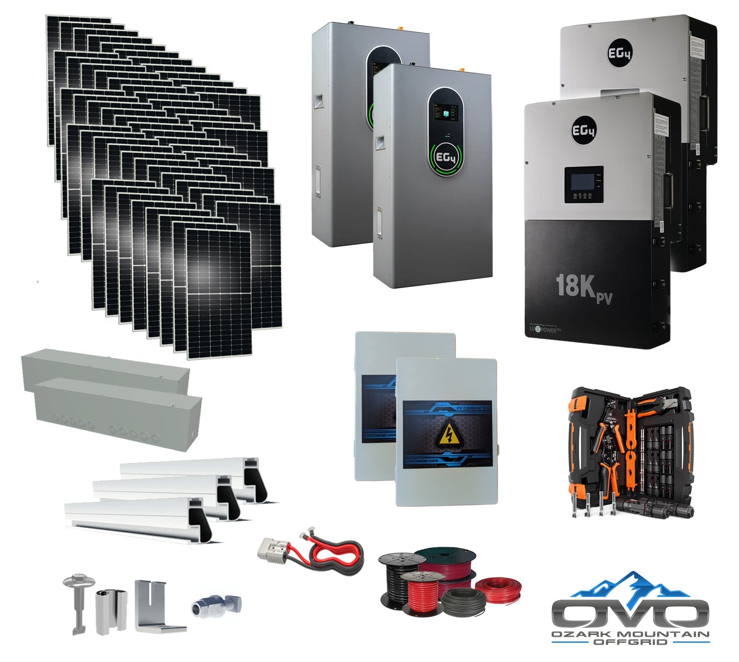 30KW Complete Offgrid Solar Kit + EG4 18kPV + 2x 14.3KW 48V EG4 Lithium Indoor Wall Battery + 30.8KW Solar with Roof Mounting Rails and Wiring