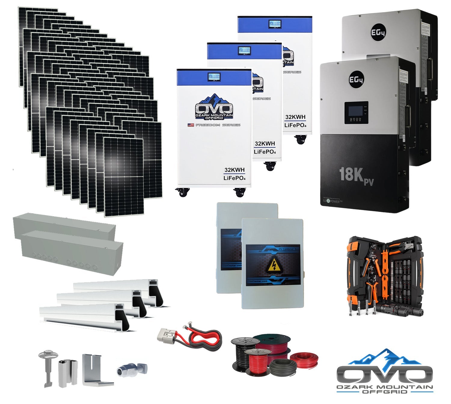 30KW Complete Offgrid Solar Kit + EG4 18kPV + 3x 32KW OMO 48V Freedom Series Lithium Battery + 30.8KW Solar with Roof Mounting Rails and Wiring