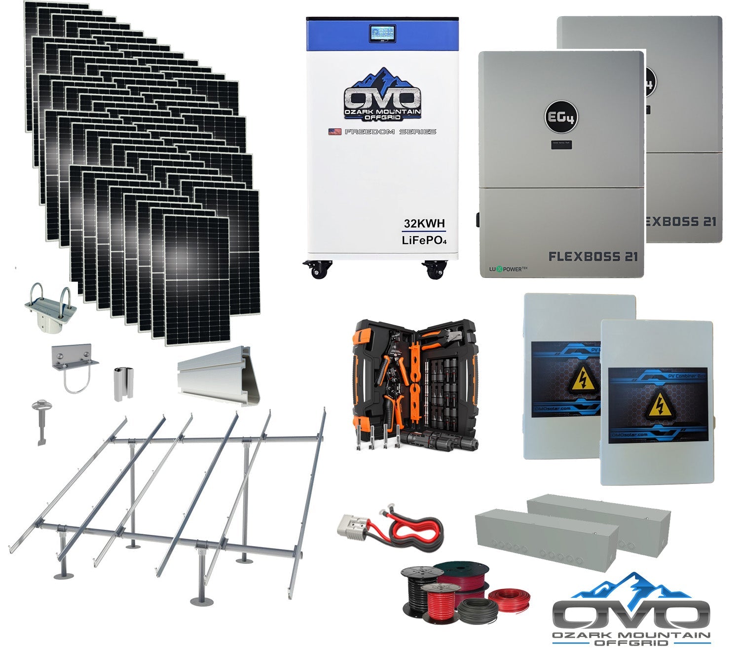30KW Complete Offgrid Solar Kit + EG4 FlexBOSS21 + 32KW OMO 48V Freedom Series Lithium Battery + 30.8KW Solar with Ground Mount and Wiring