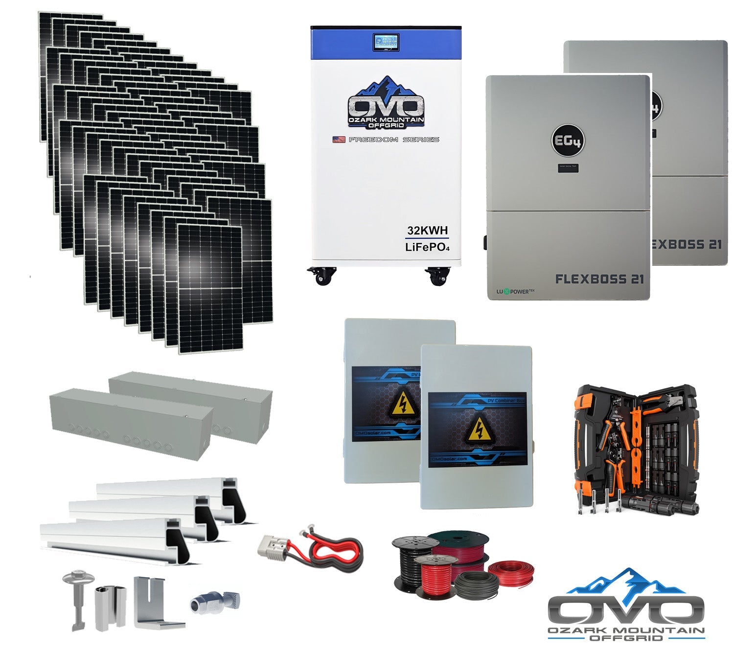 30KW Complete Offgrid Solar Kit + EG4 FlexBOSS21 + 32KW OMO 48V Freedom Series Lithium Battery + 30.8KW Solar with Roof Mounting Rails and Wiring