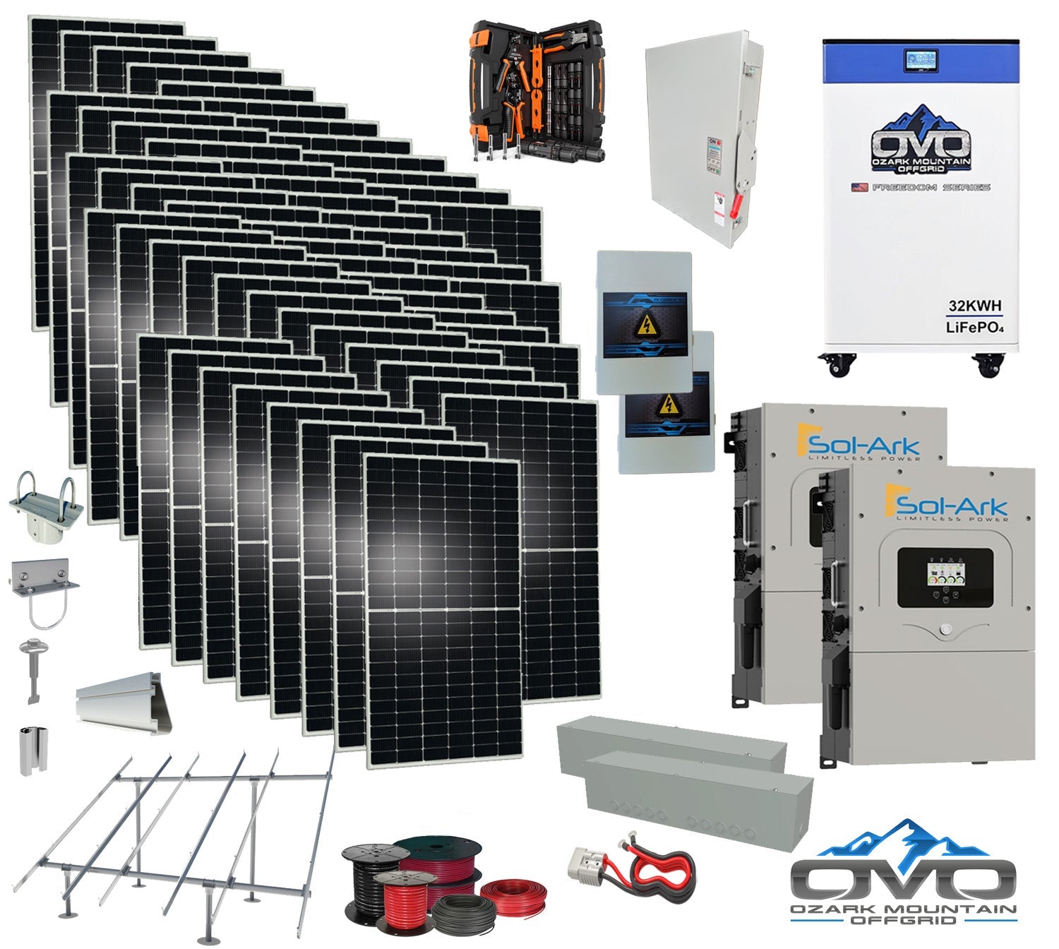 30KW Complete Offgrid Solar Kit + 2x 15K Sol-Ark Inverter + 32kWh OMO 48V Freedom Series Lithium Battery +30.8KW Solar with Ground Mount and Wiring