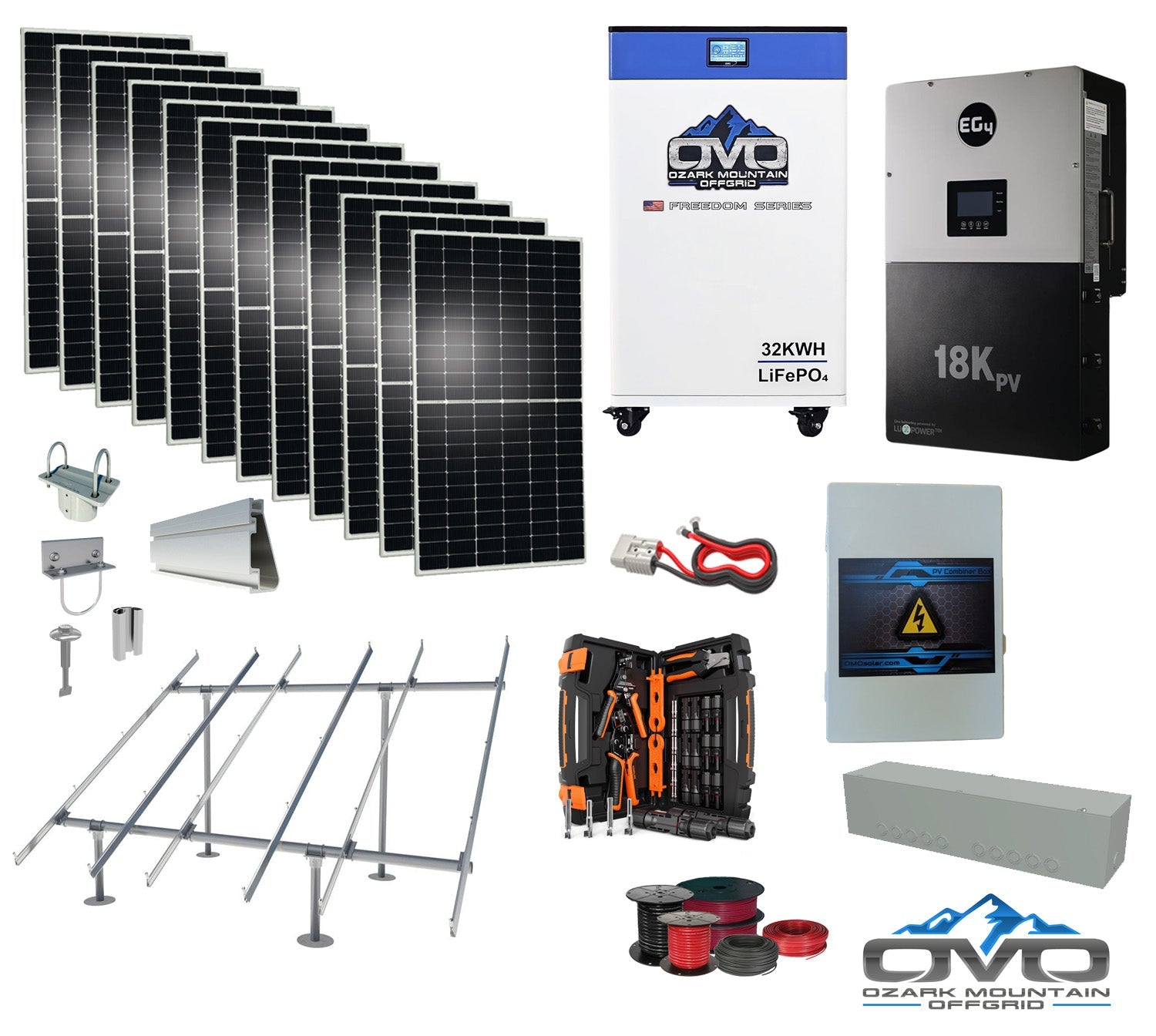 6KW Complete Offgrid Solar Kit + EG4 18kPV Inverter + 32KW OMO 48V Freedom Series Lithium Battery + 6.6KW Solar with Ground Mount and Wiring