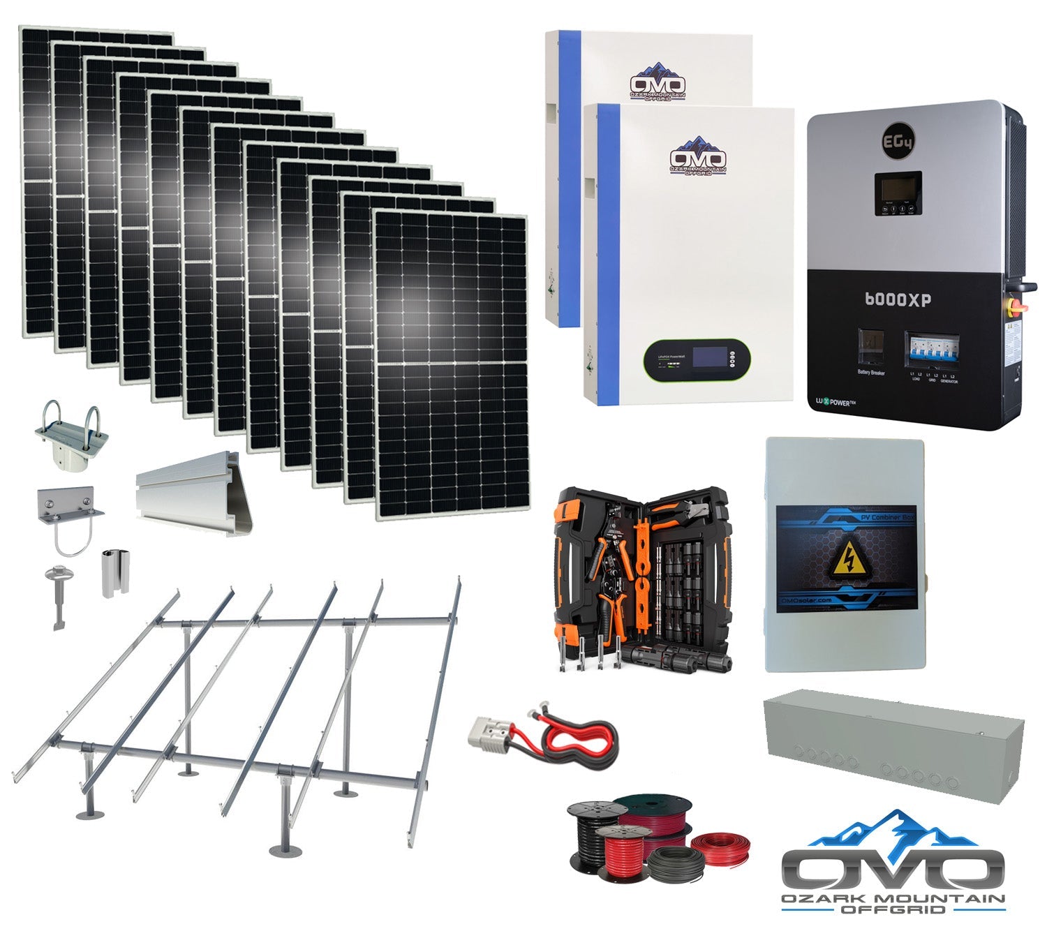 6KW Complete Offgrid Solar Kit + 6K EG4 6000XP Inverter +2x 5.12KW OMO 48V Patriot Lithium Battery + 6.6KW Solar with Ground Mount and Wiring
