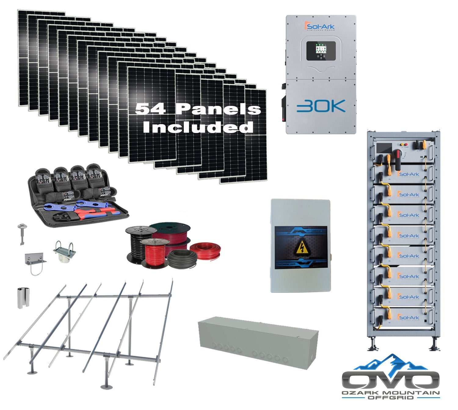 Commercial 30KW Solar Array - 3 Phase 208V Solar Kit + 30K 208V Sol-Ark Inverter + 40KW Sol-Ark INDOOR Lithium Battery +29.7KW Solar with Ground Mount and Wiring