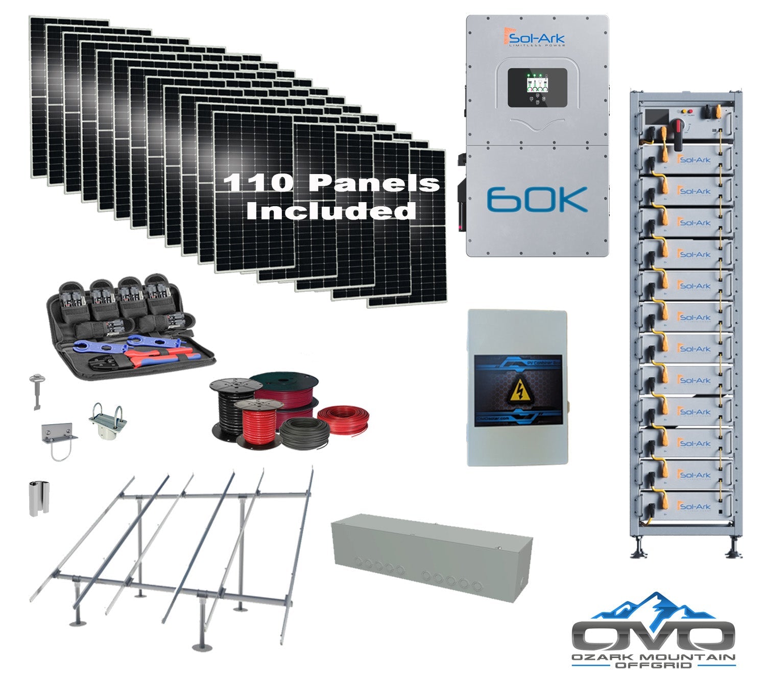 Commercial 60KW Solar Array - 3 Phase 480V Solar Kit + 60K 480V Sol-Ark Inverter + 60KW Sol-Ark INDOOR Lithium Battery +60.5KW Solar with Ground Mount and Wiring
