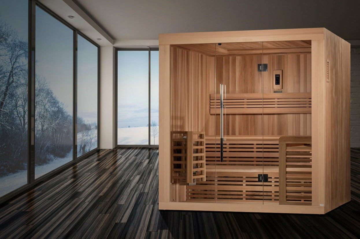 SAUNA EVOLUTION® 6 Person Indoor Double bench Steam Sauna Glass 18