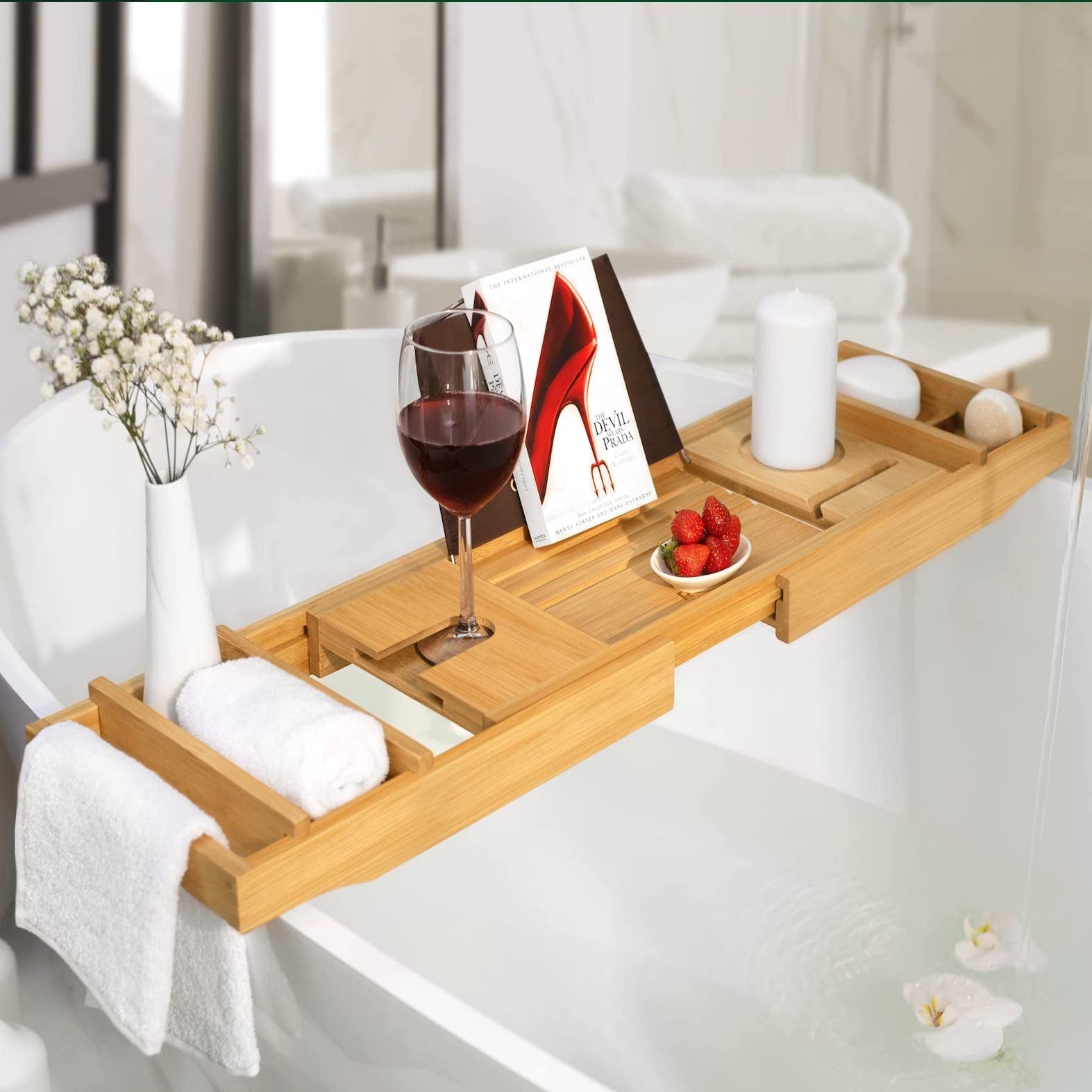 SAUNA EVOLUTION® Natural Bamboo Bathtub Caddy