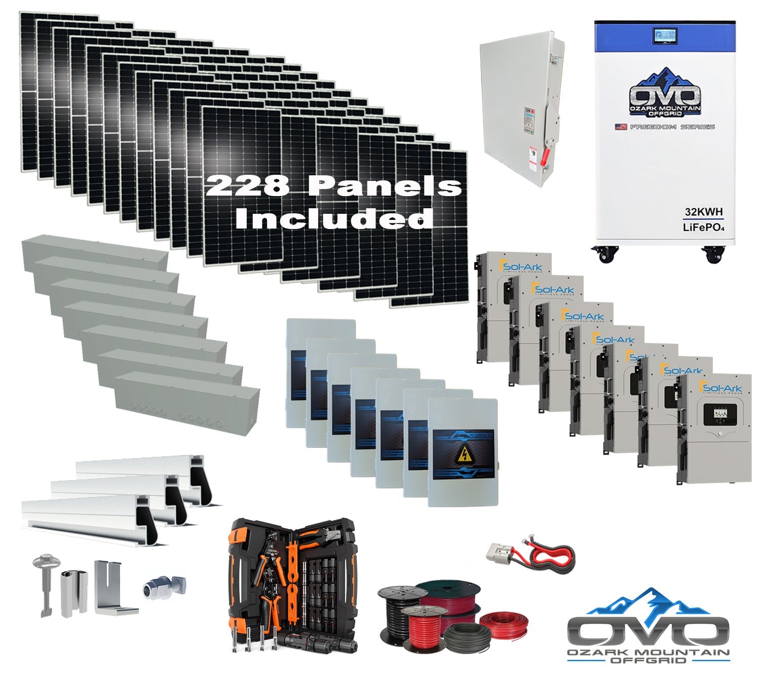 125KW Complete Offgrid Solar Kit + 7x 15K Sol-Ark Inverter + 32kWh OMO 48V Freedom Series Lithium Battery +125.4KW Solar with Roof Mount and Wiring