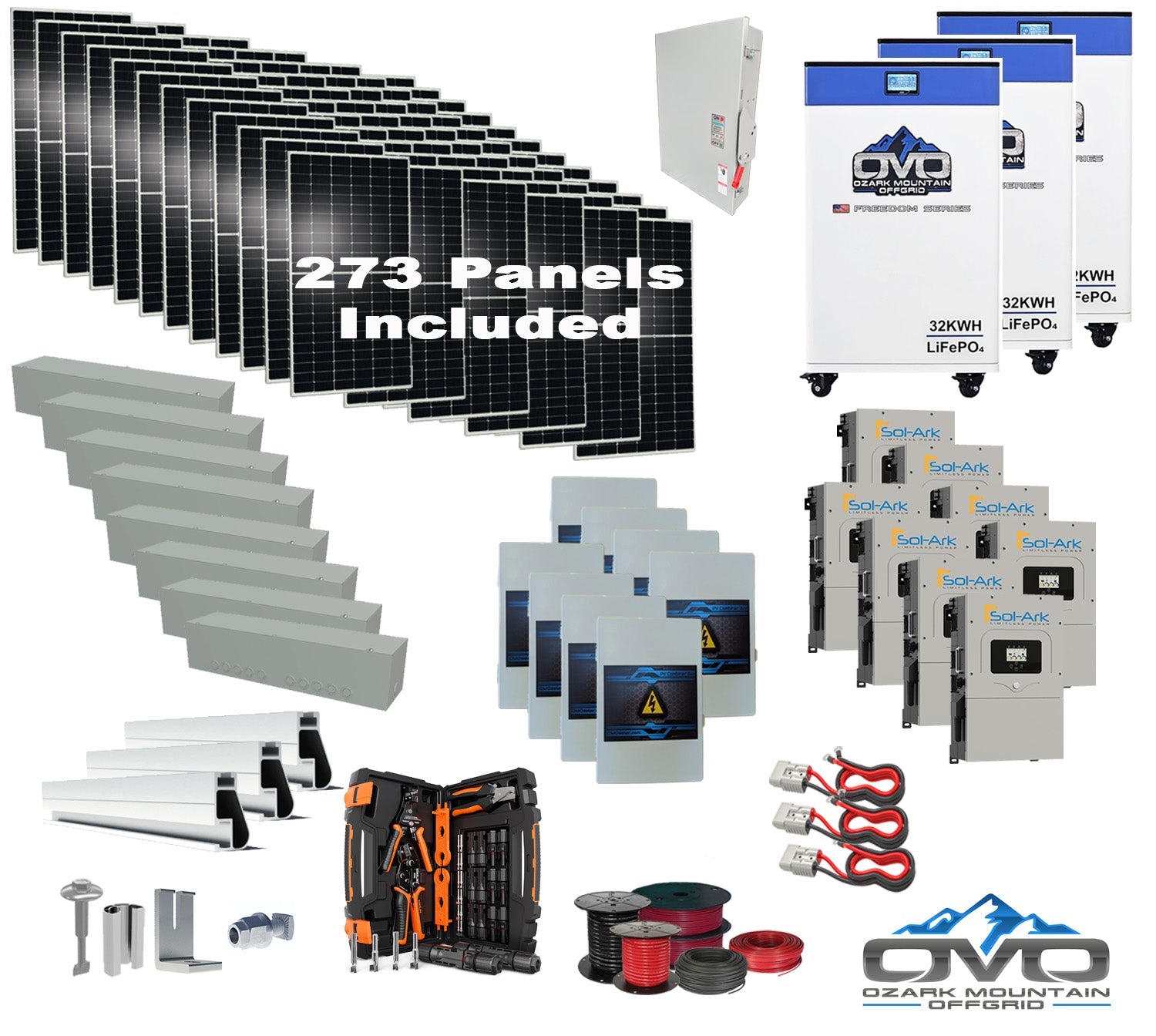 150KW Complete Offgrid Solar Kit + 8x 15K Sol-Ark Inverter + 3x 32kWh OMO 48V Freedom Series Lithium Battery +150.15KW Solar with Roof Mount and Wiring
