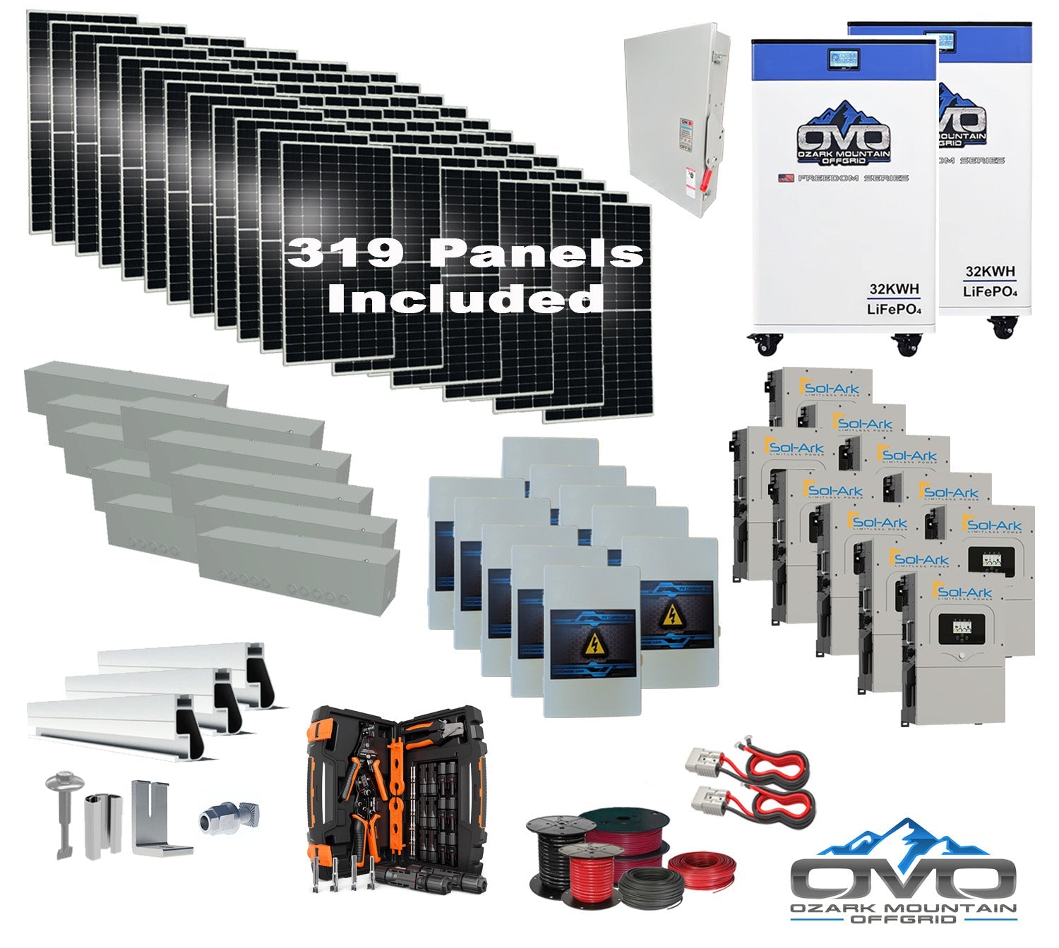 175KW Complete Offgrid Solar Kit + 10x 15K Sol-Ark Inverter + 2x 32kWh OMO 48V Freedom Series Lithium Battery +175.45KW Solar with Roof Mount and Wiring