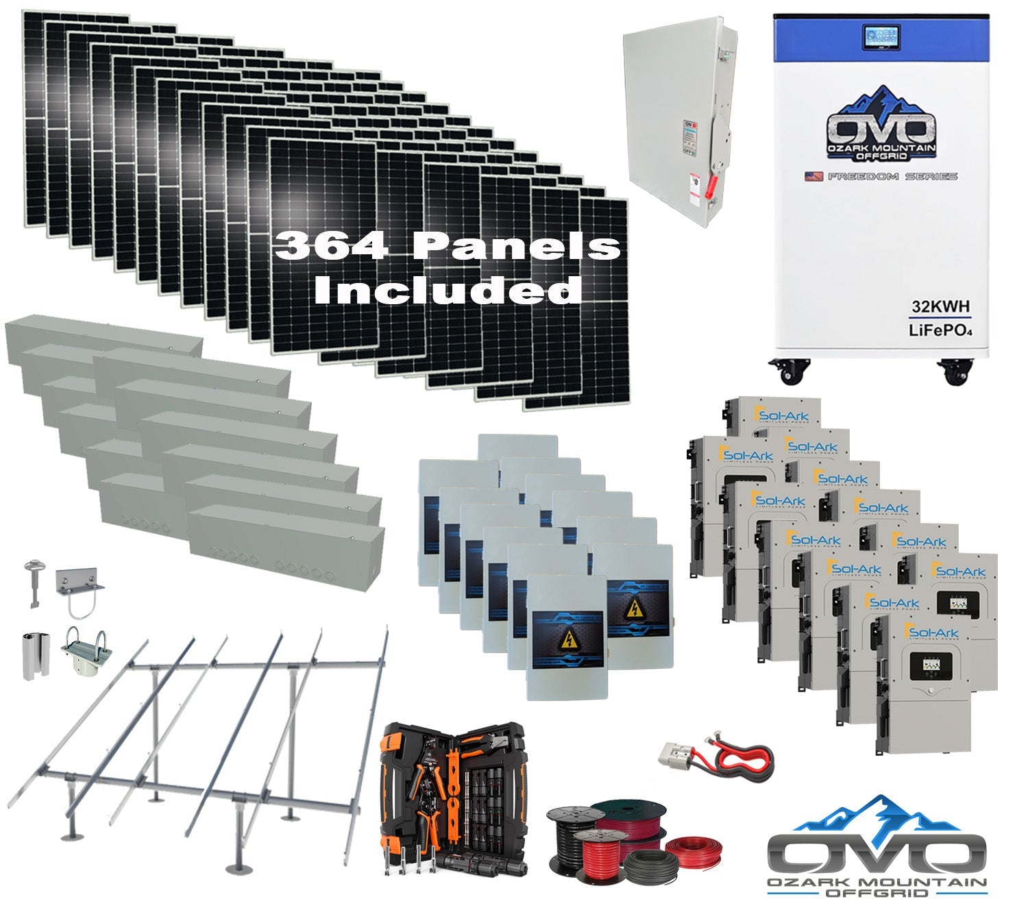 200KW Complete Offgrid Solar Kit + 12x 15K Sol-Ark Inverter + 32kWh OMO 48V Freedom Series Lithium Battery +200.2KW Solar with Ground Mount and Wiring