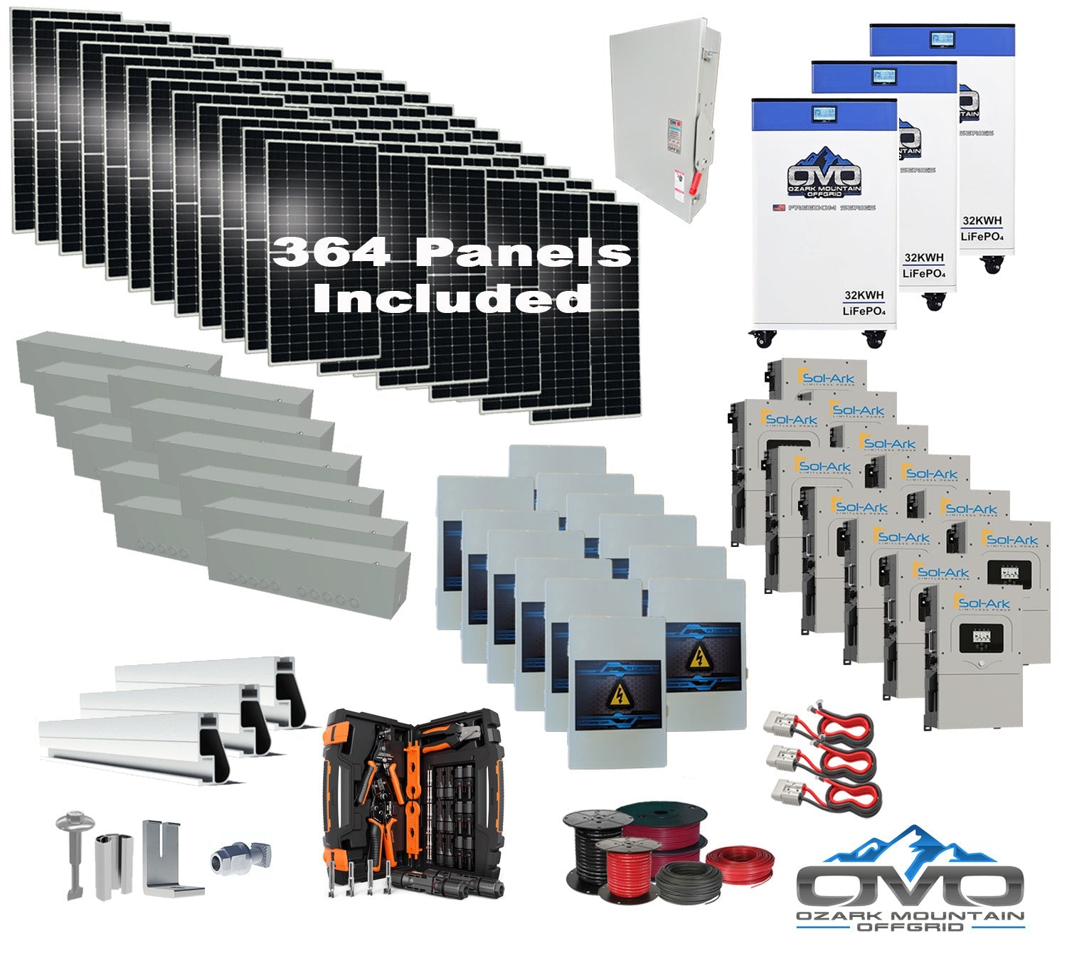 200KW Complete Offgrid Solar Kit + 12x 15K Sol-Ark Inverter + 3x 32kWh OMO 48V Freedom Series Lithium Battery +200.2KW Solar with Roof Mount and Wiring
