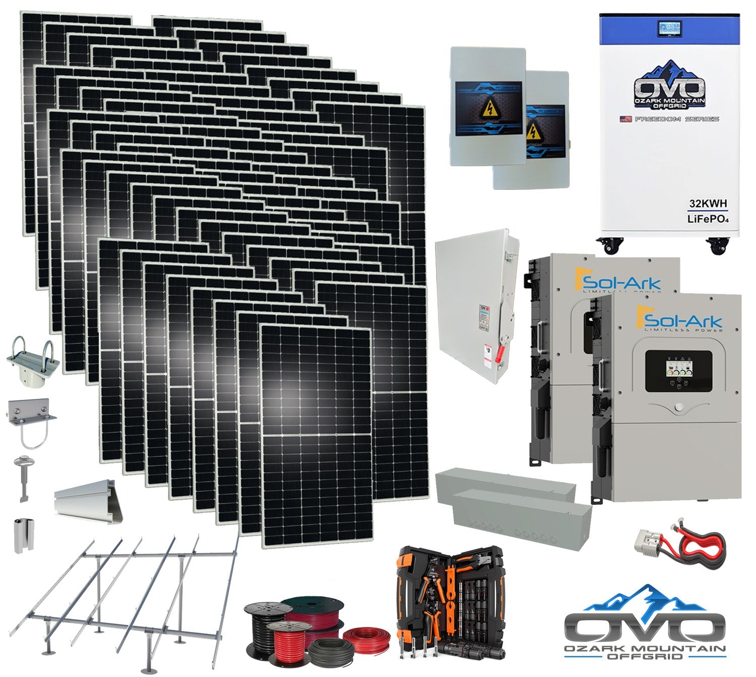 35KW Complete Offgrid Solar Kit + 2x 15K Sol-Ark Inverter + 32kWh OMO 48V Freedom Series Lithium Battery +35.2KW Solar with Ground Mount and Wiring