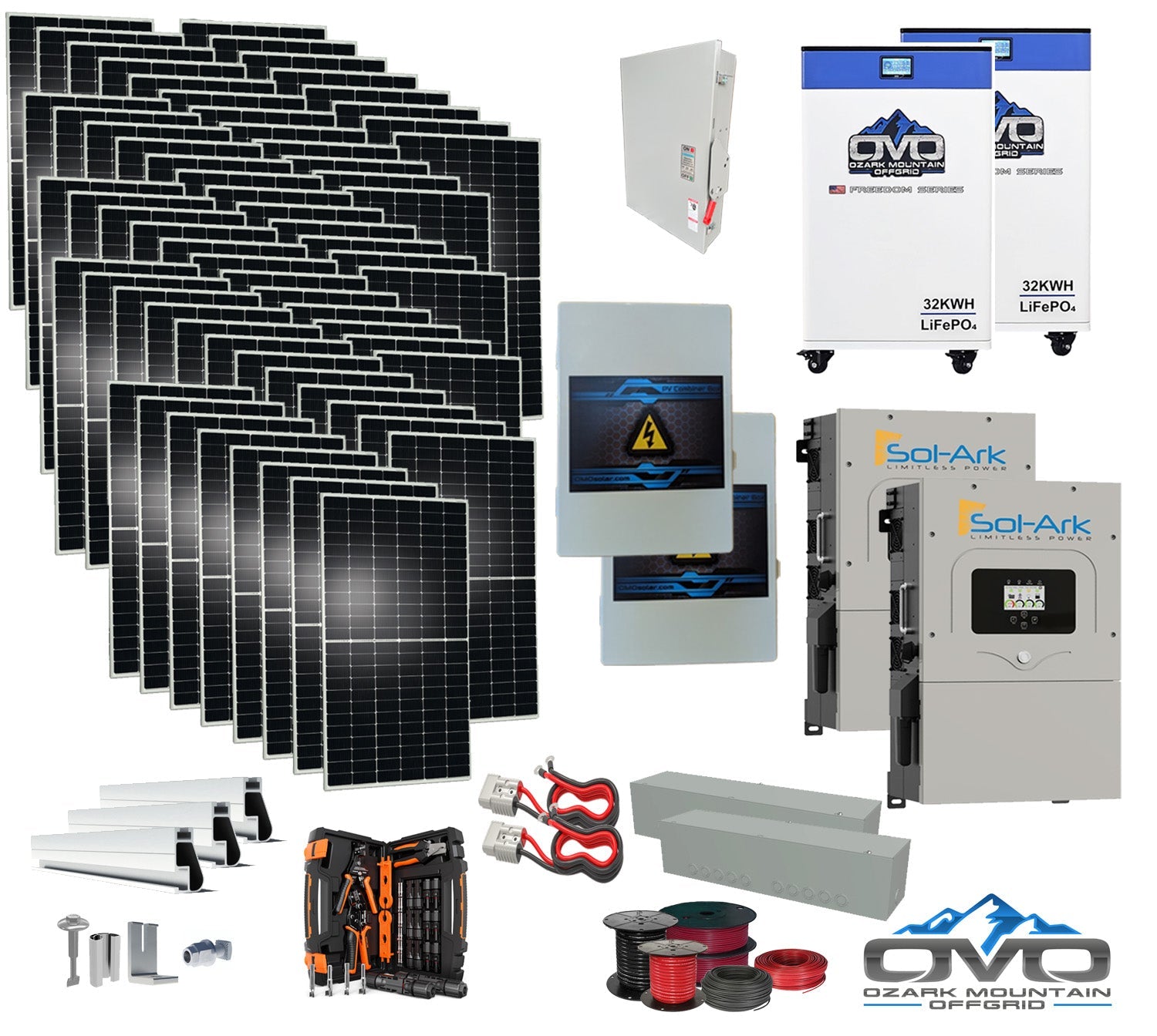 35KW Complete Offgrid Solar Kit + 2x 15K Sol-Ark Inverter + 2x 32kWh OMO 48V Freedom Series Lithium Battery +35.2KW Solar with Roof Mount and Wiring
