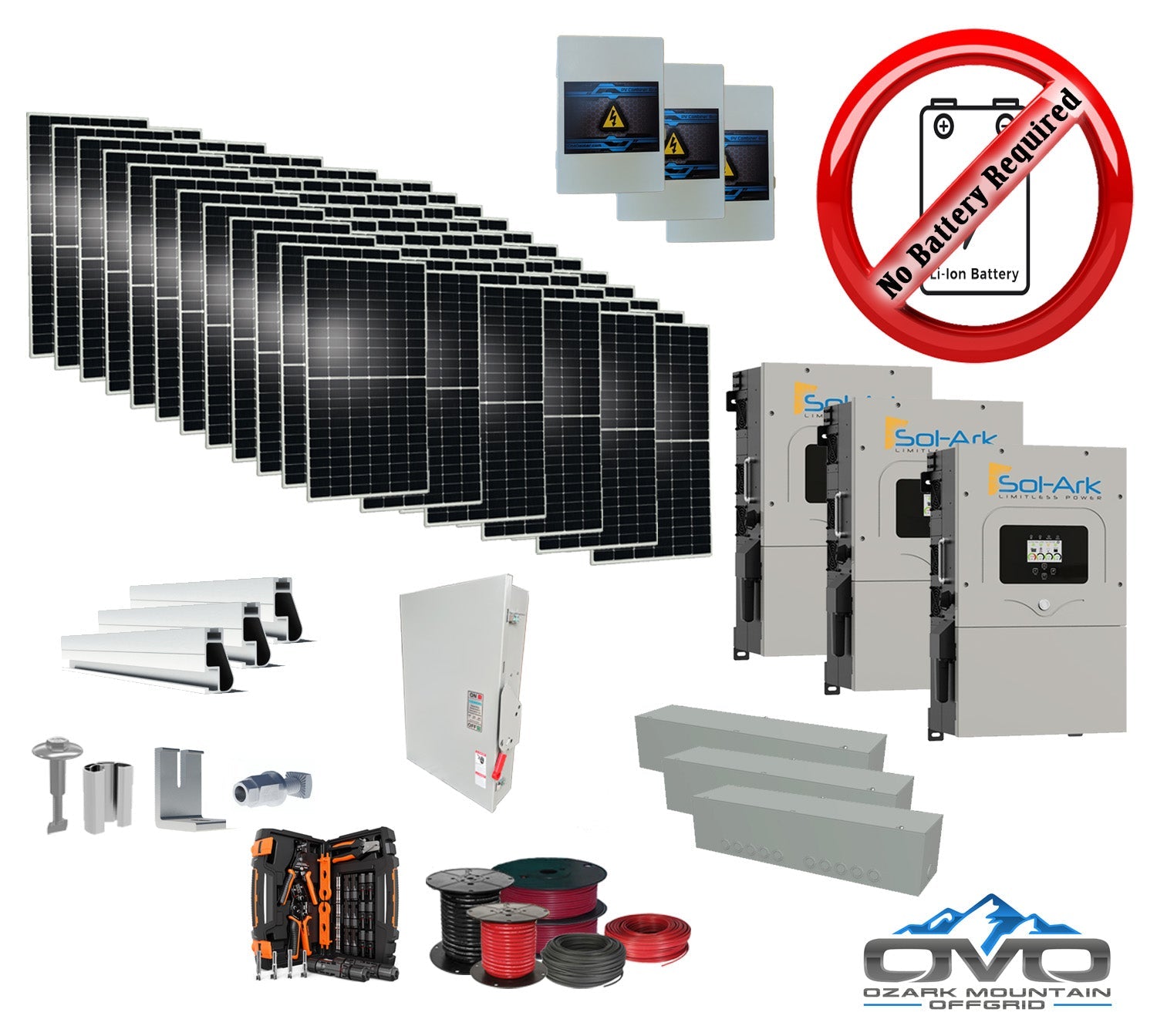 40KW Complete Offgrid Solar Kit + 3x 15K Sol-Ark Inverter +40.15KW Solar with Mounting Rails and Wiring