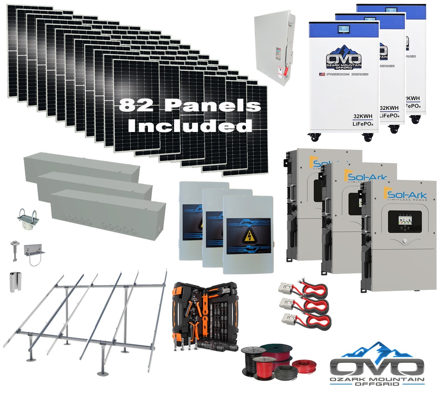 45KW Complete Offgrid Solar Kit + 3x 15K Sol-Ark Inverter + 3x 32kWh OMO 48V Freedom Series Lithium Battery +45.1KW Solar with Ground Mount and Wiring