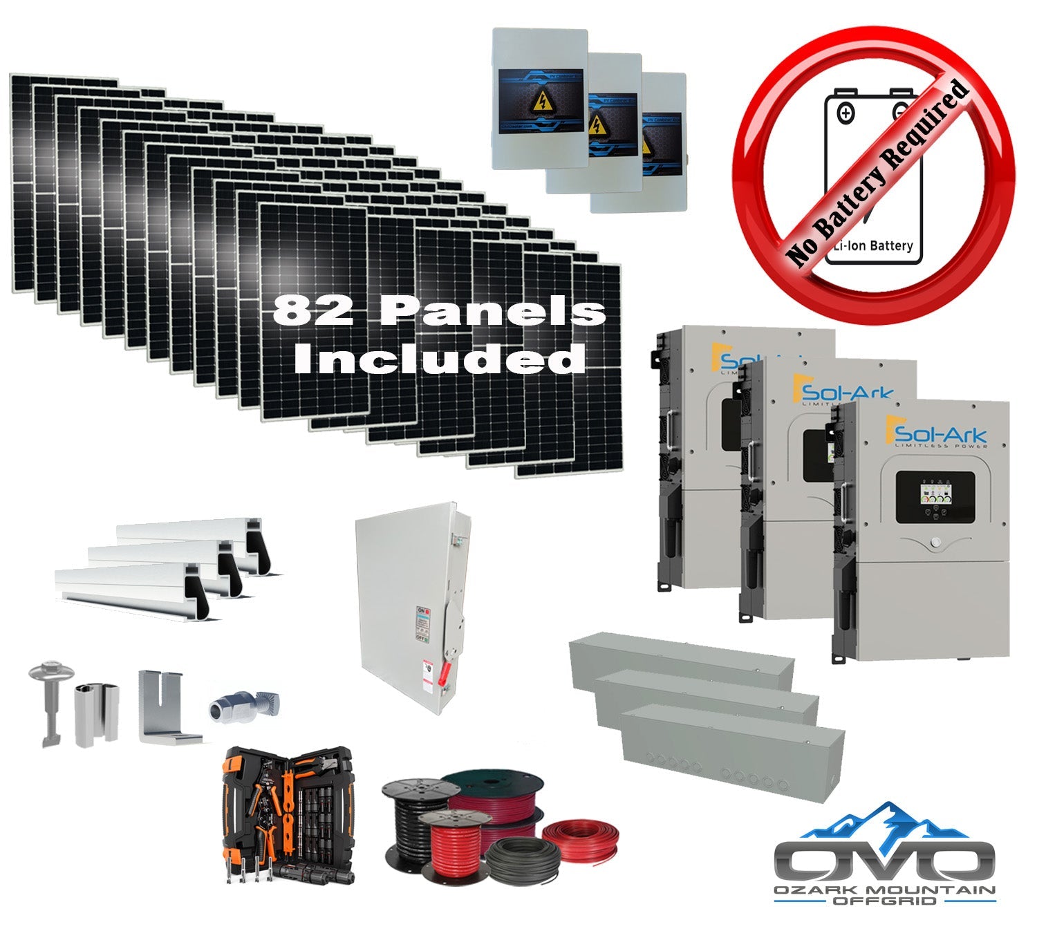 45KW Complete Offgrid Solar Kit + 3x 15K Sol-Ark Inverter +45.1KW Solar with Mounting Rails and Wiring