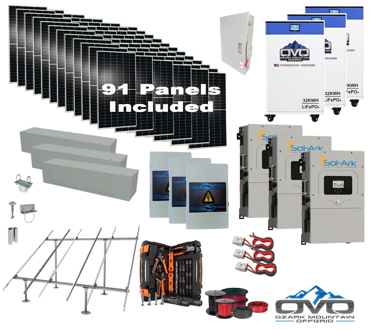 50KW Complete Offgrid Solar Kit + 3x 15K Sol-Ark Inverter + 3x 32kWh OMO 48V Freedom Series Lithium Battery +50.05KW Solar with Ground Mount and Wiring