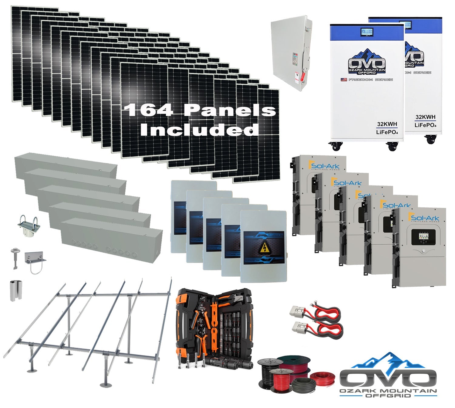 90KW Complete Offgrid Solar Kit + 5x 15K Sol-Ark Inverter + 2x 32kWh OMO 48V Freedom Series Lithium Battery +90.2KW Solar with Ground Mount and Wiring