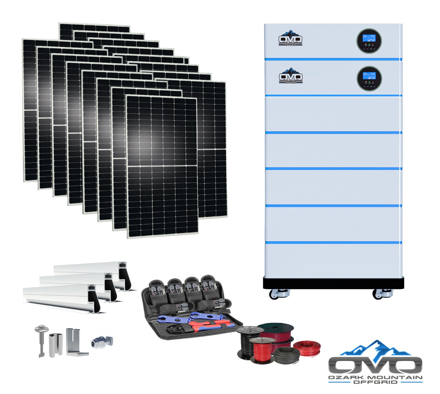 8KW OMO All-In-One Customizable Stacking Inverter/Battery System 120/240 11000W Total Inverter Output + 25.6K Lithium Battery + 8.8KW Solar Roof Mount