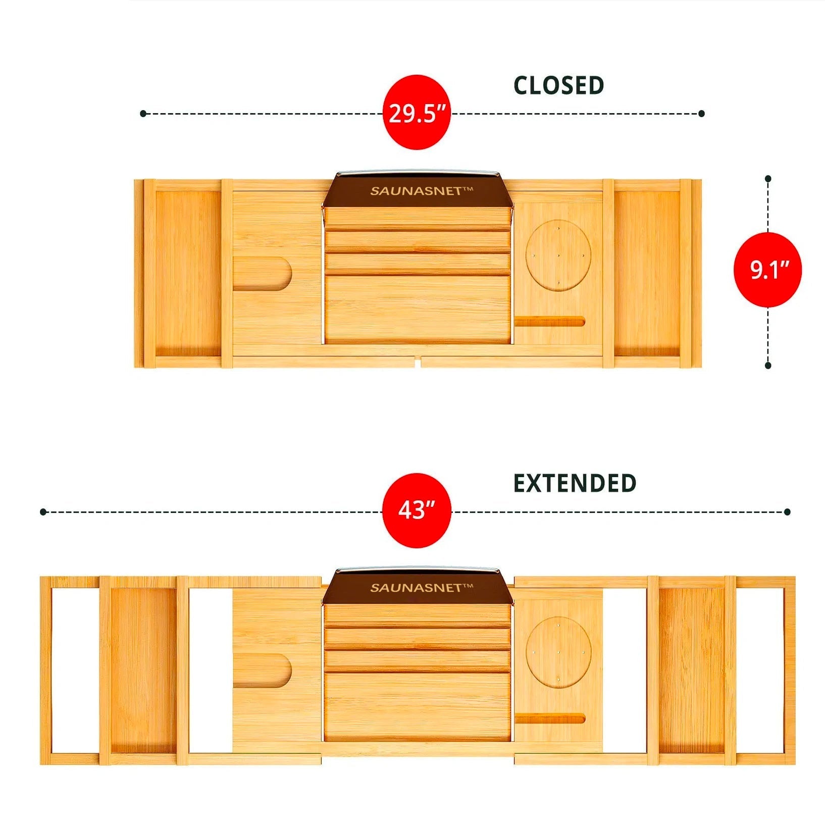 SAUNA EVOLUTION® Natural Bamboo Bathtub Caddy