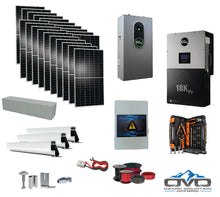 Load image into Gallery viewer, 10KW Complete Offgrid Solar Kit + EG4 18kPV + 4.3KW 48V EG4 Lithium Indoor Wall Battery + 11KW Solar with Roof Mounting Rails and Wiring