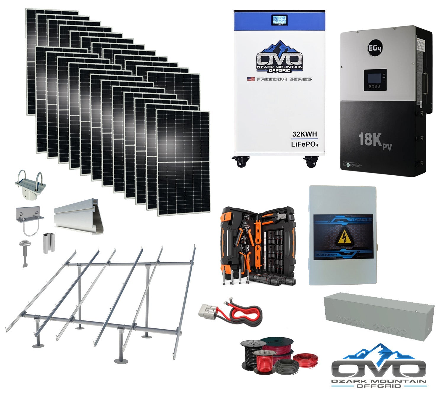 12KW Complete Offgrid Solar Kit + EG4 18kPV + 32KW OMO 48V Freedom Series Lithium Battery + 13.2KW Solar with Ground Mount and Wiring